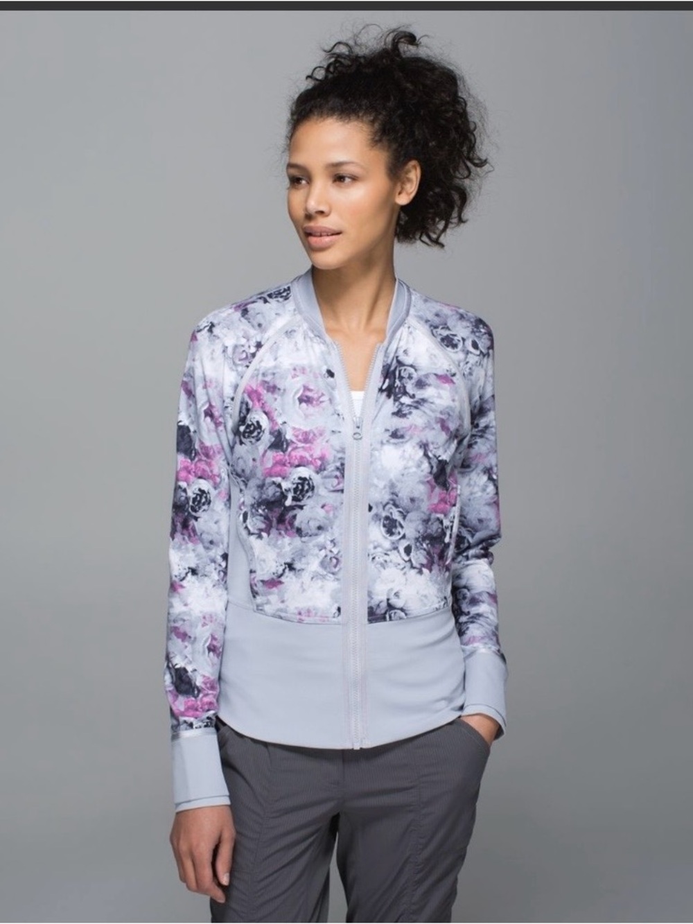 lululemon athletica Light Floral Zip Bomber Jacket in White, Pink & Gray
